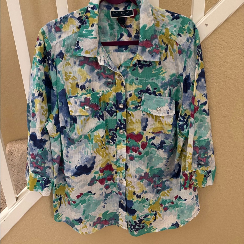 Karen Scott 100%Cotton Colorful Abstract Button-Up Shirt